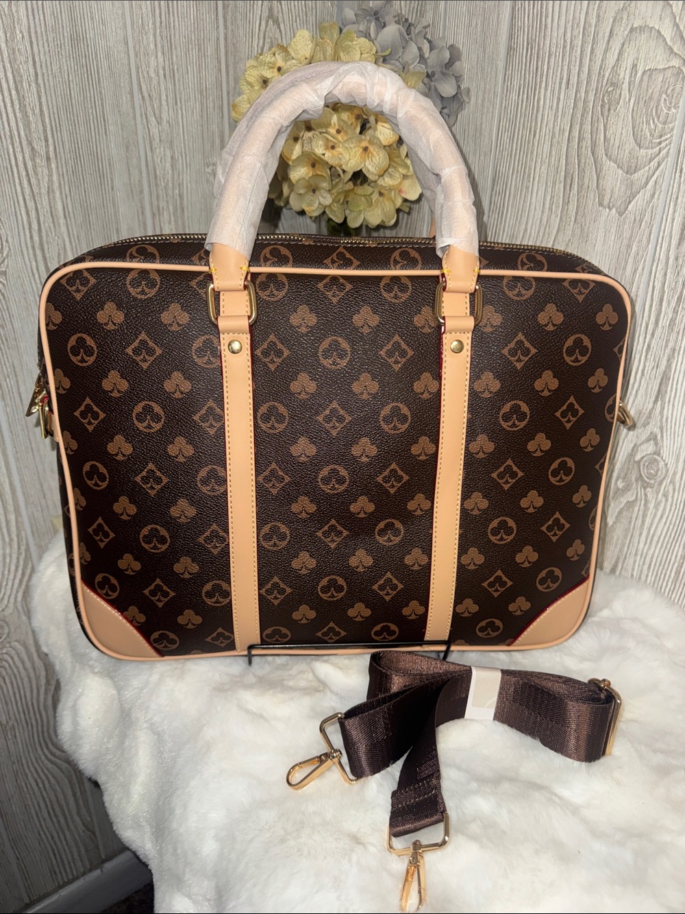 Dark Brown Monogram Laptop Briefcase with Tan Trim - Picture 3 of 7